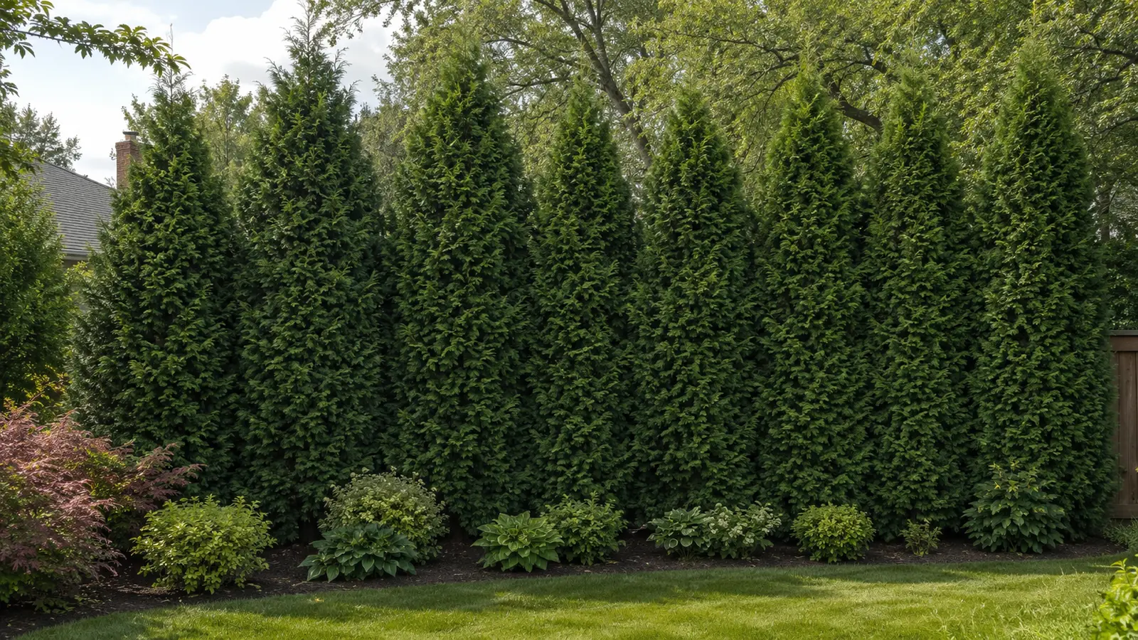 Mature dense Black Cedar privacy screen in an Ontario residential garden