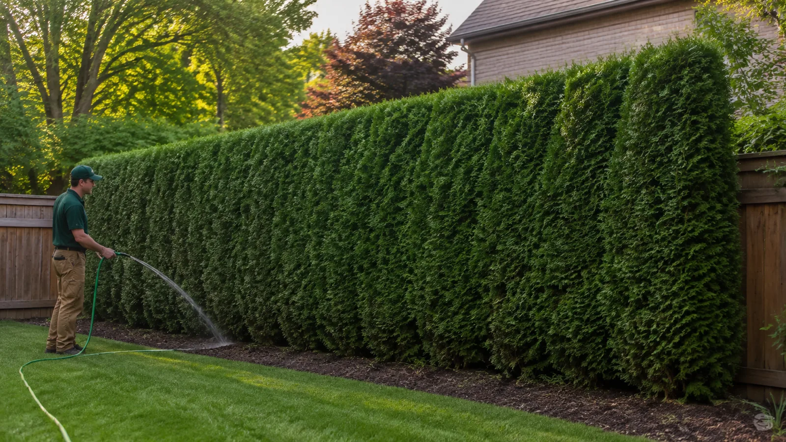 Finished cedar hedge receiving deep root zone watering after trimming