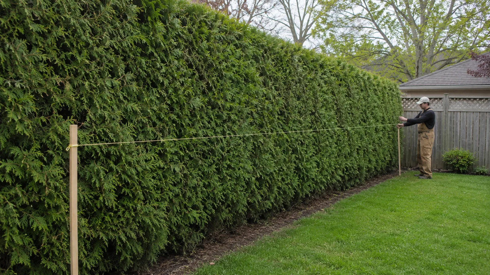 Guide string marking a straight trimming line along a mature cedar hedge