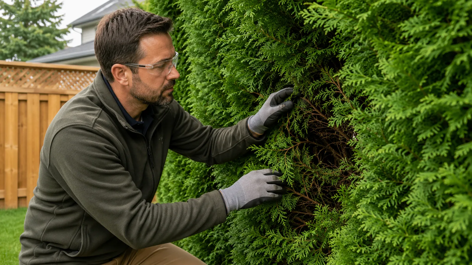Landscaper inspecting an Emerald Cedar hedge before trimming in Toronto