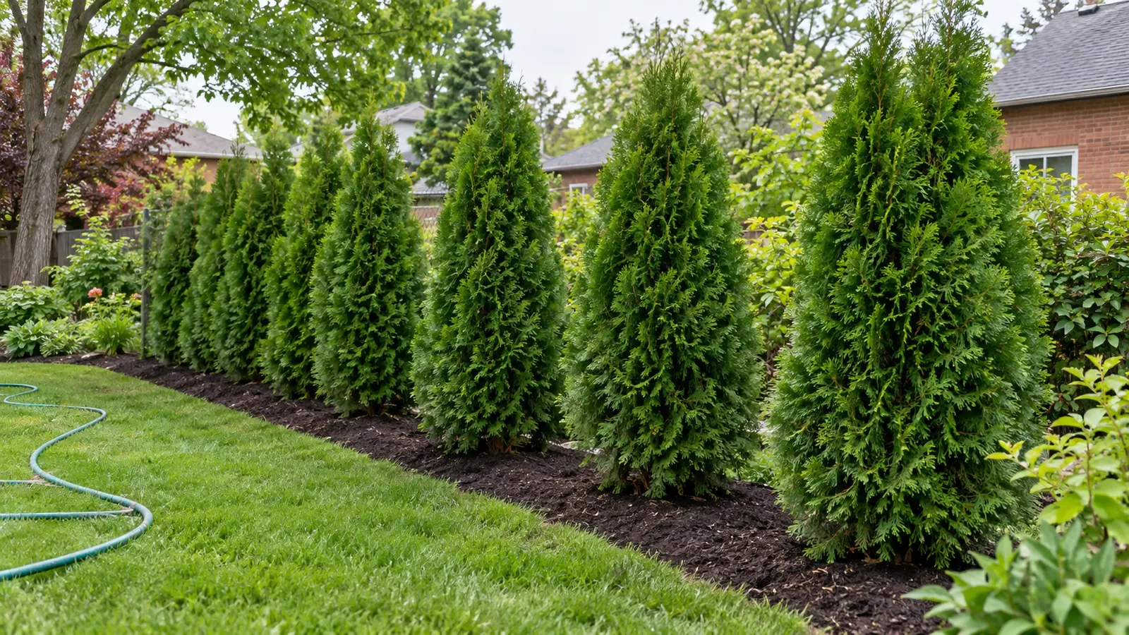 Illustrative row of newly planted Emerald Cedars with visible spaces between trees and a garden hose nearby