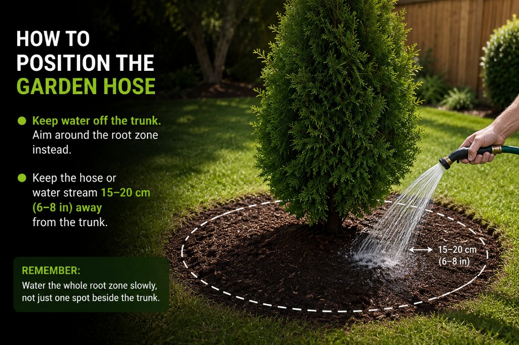 Real Emerald Cedar with a garden hose positioned around the root zone