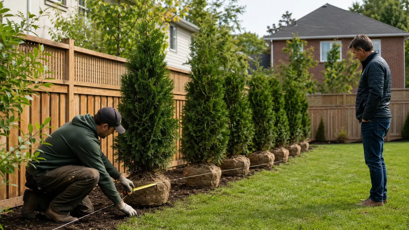 Landscaper measuring a straight cedar privacy hedge line with trees staged in an Ontario backyard