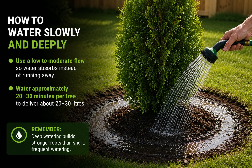 Real Emerald Cedar receiving slow deep watering from a garden hose