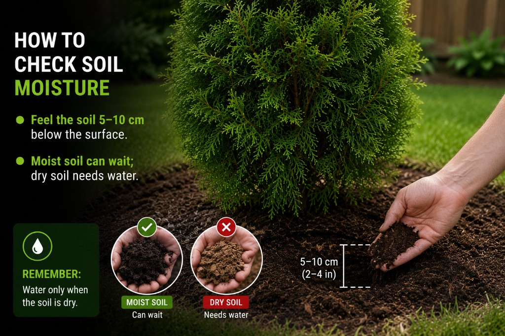 Checking soil moisture beside a real newly planted Emerald Cedar