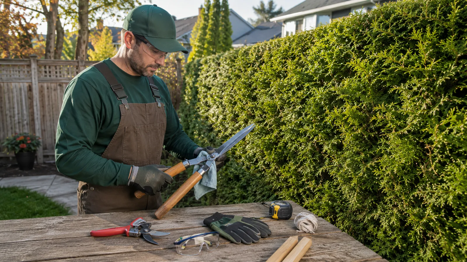 Clean cedar hedge trimming tools prepared beside an Ontario garden