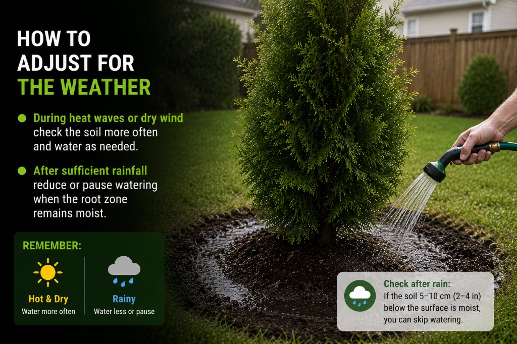 Real Emerald Cedar watering adjusted for heat and rainfall