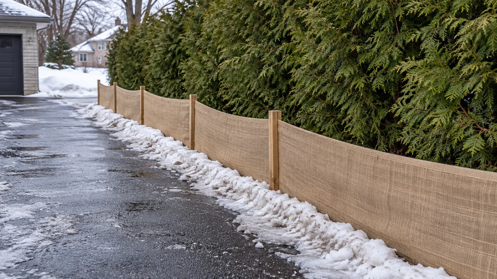 Freestanding burlap barrier shielding a cedar hedge beside a snowy Ontario driveway