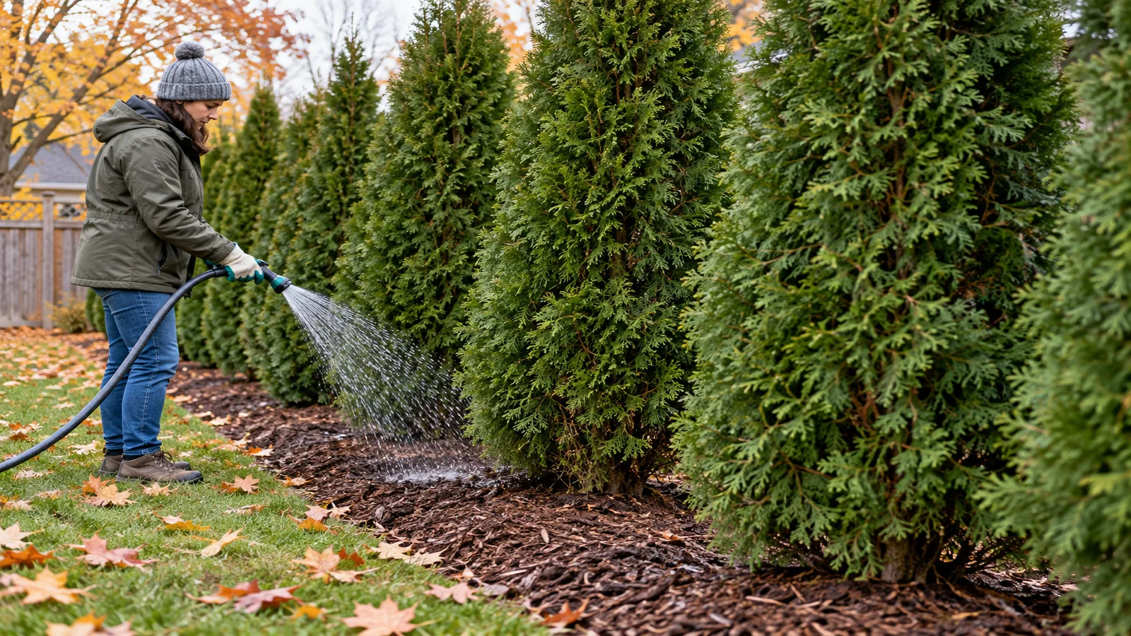 Gardener watering the soil around emerald cedars in late autumn before the ground freezes