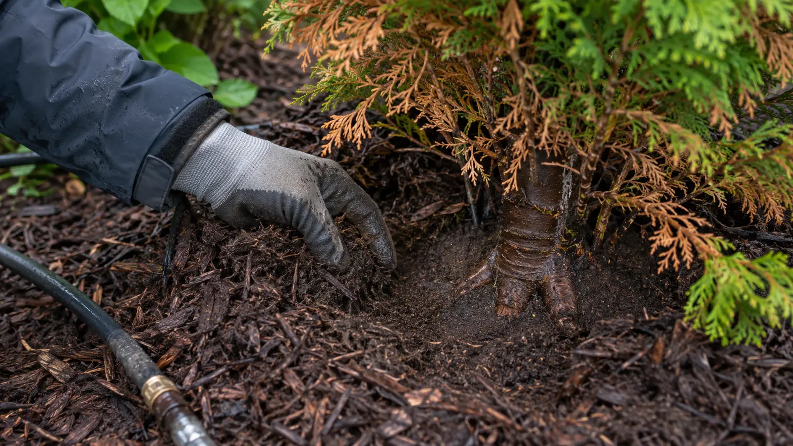Gloved landscaper checking soil moisture beneath mulch beside a browning cedar root flare