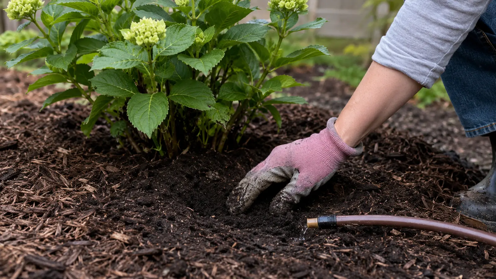 Gardener checking soil moisture by hand beside a newly planted hydrangea shrub