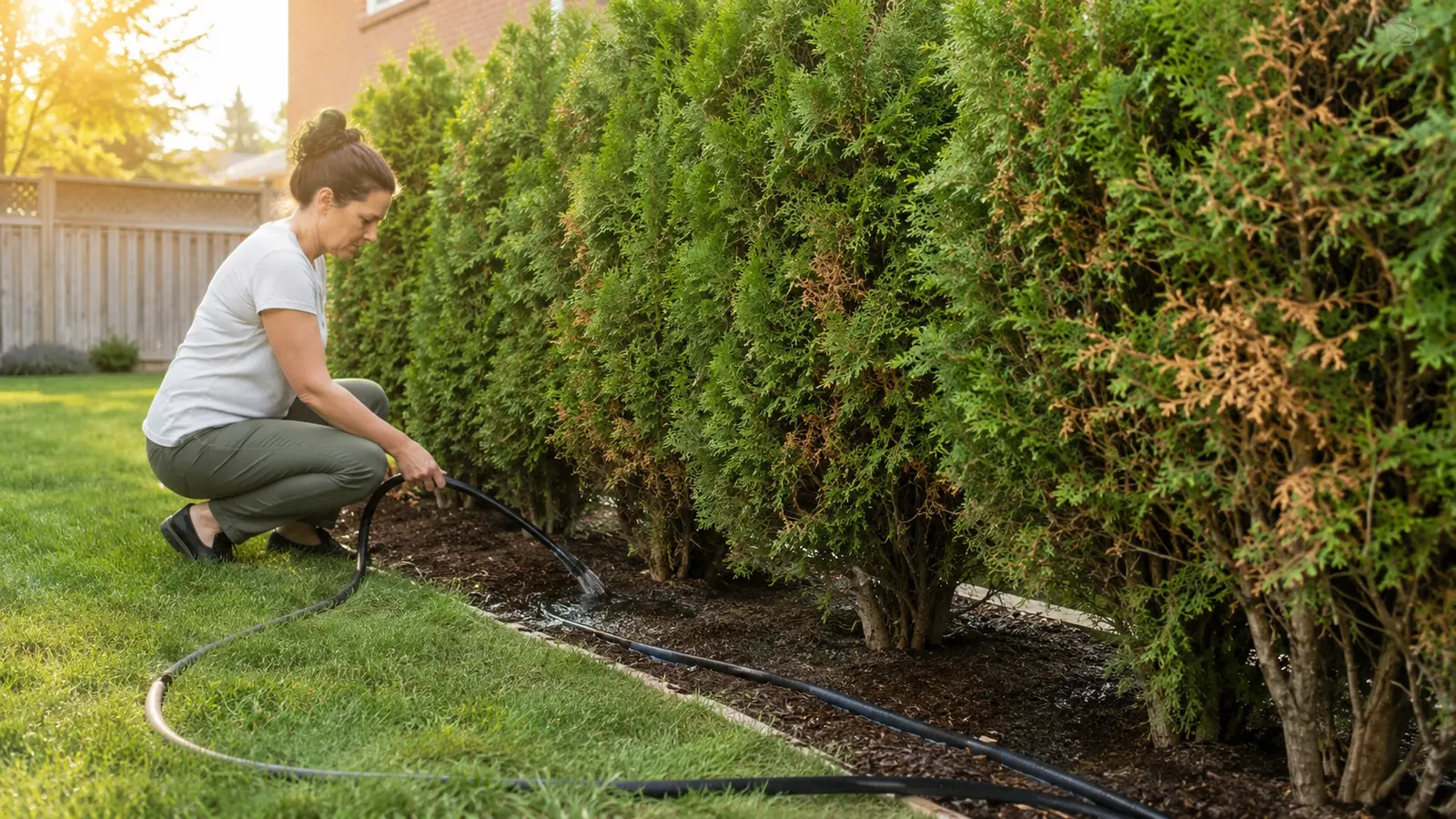 Ontario homeowner slowly watering the root zone of a stressed but living cedar hedge