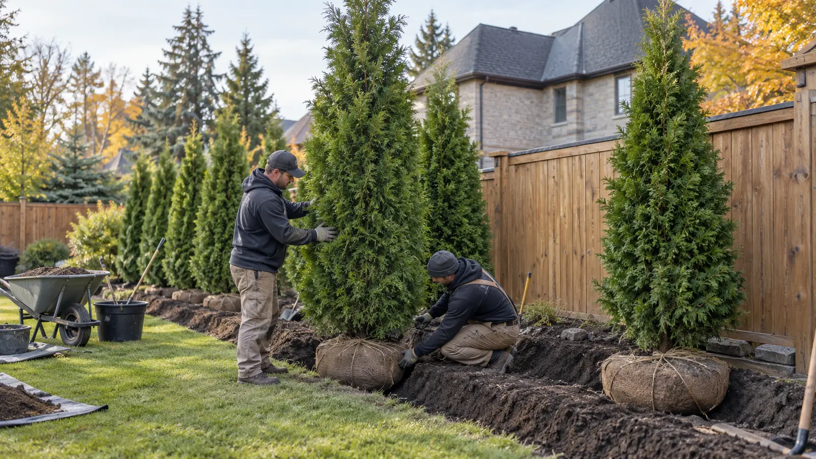 Professional crew installing large eight foot Emerald Cedars in a GTA backyard