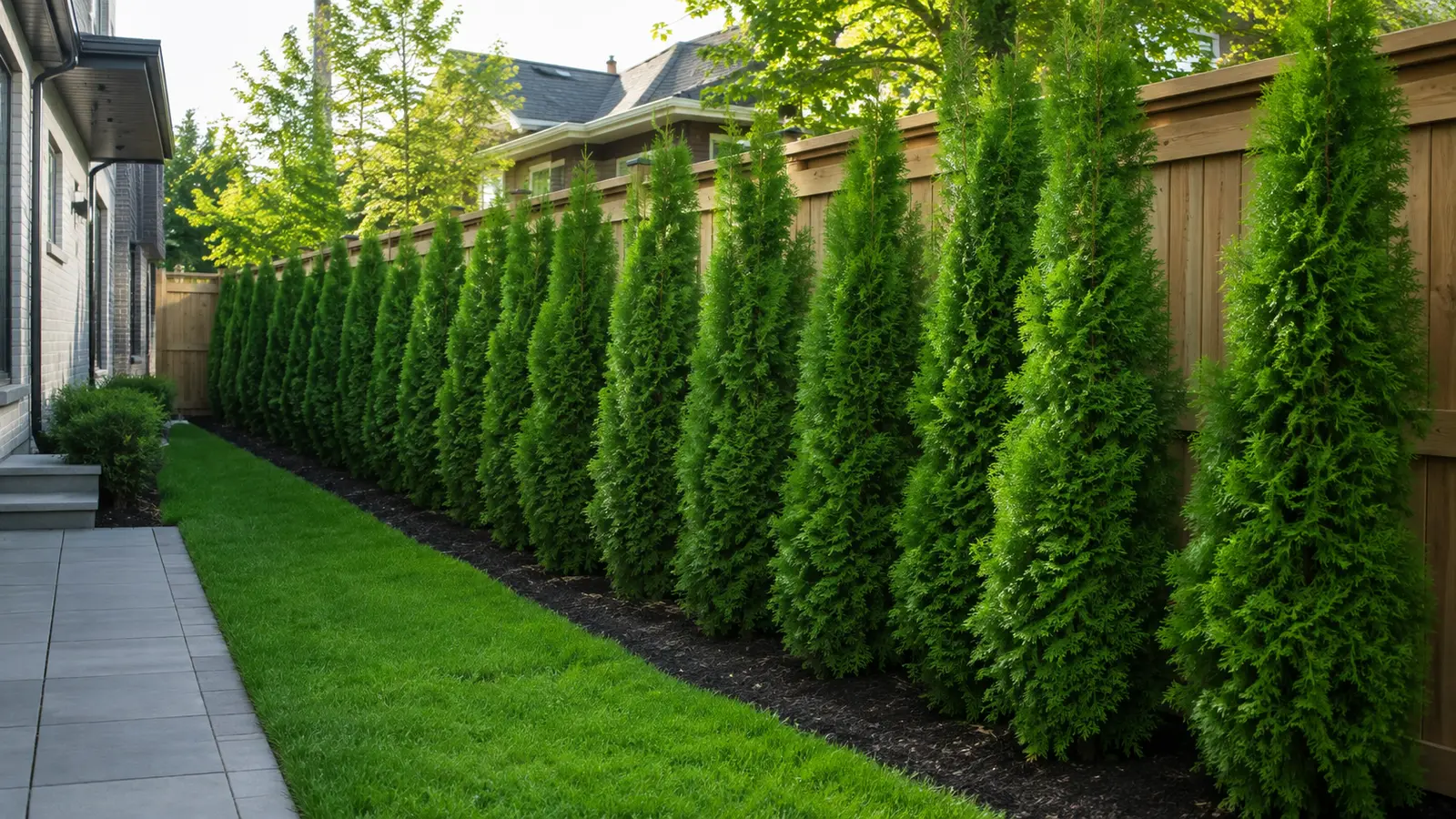 New formal Emerald Cedar privacy hedge beside a fence in a Toronto backyard