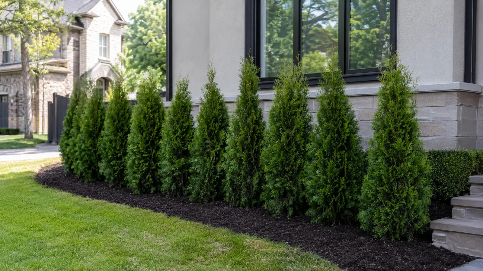 Newly installed Emerald Cedar privacy hedge at a Toronto home