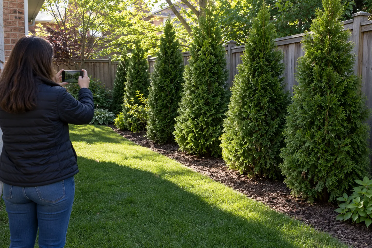 Homeowner recording sunlight along an Emerald Cedar planting bed beside a Toronto style brick house