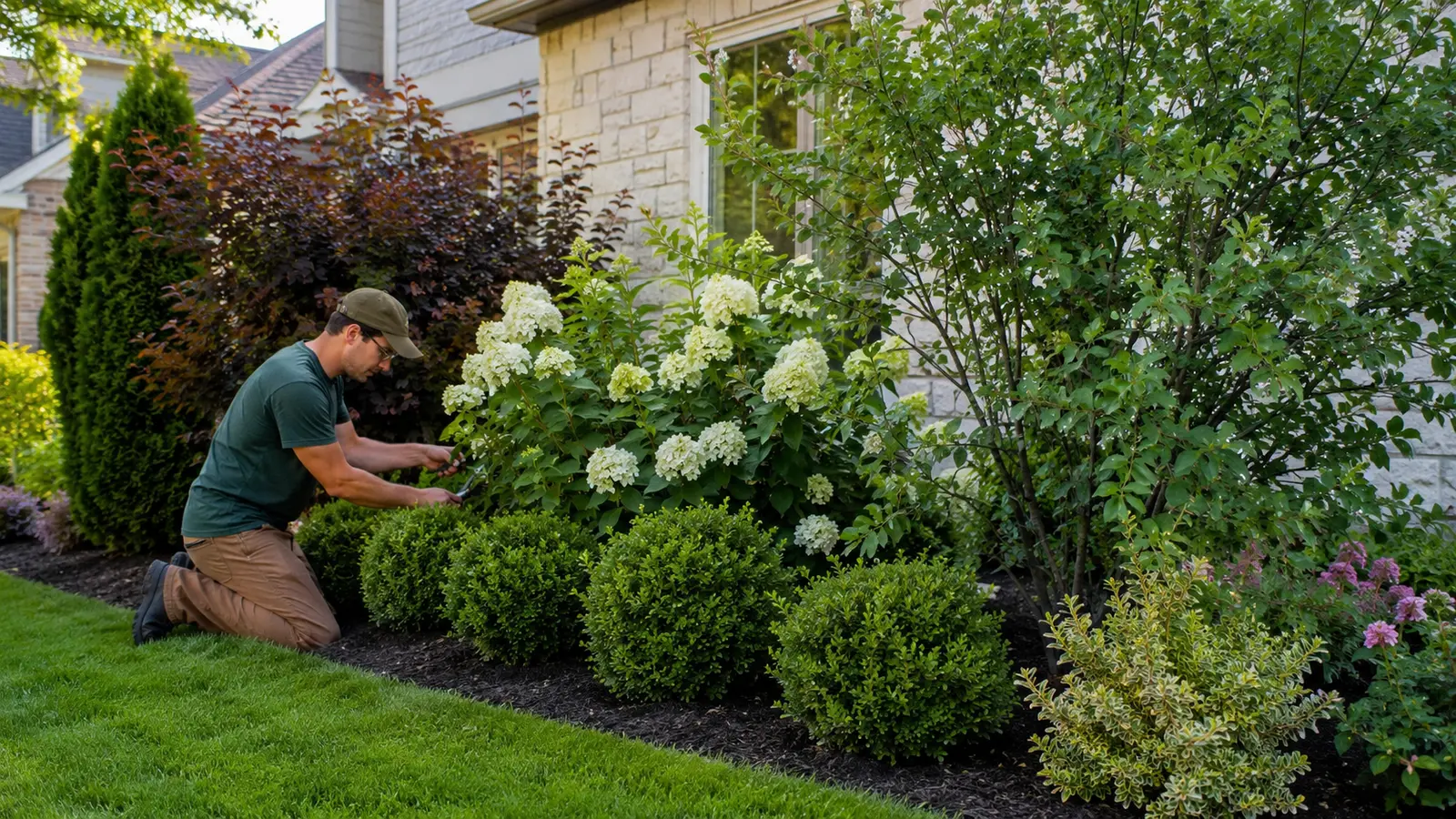 Healthy established flowering and evergreen shrubs receiving light year two pruning at a Toronto home