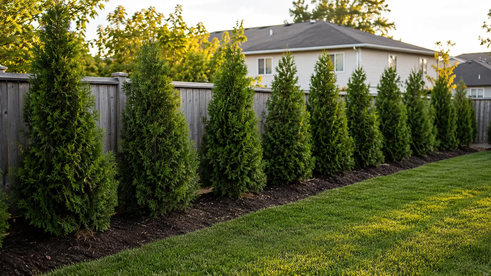 Newly planted Emerald Cedar privacy hedge with a straight line and even spacing in Ontario