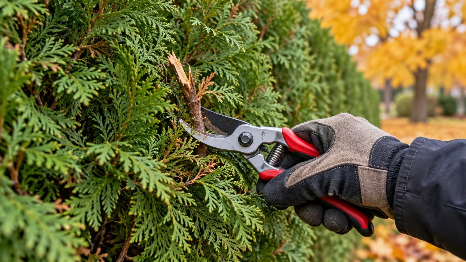 Illustrative gloved hand using bypass pruners near a broken cedar twig while leaving surrounding foliage intact