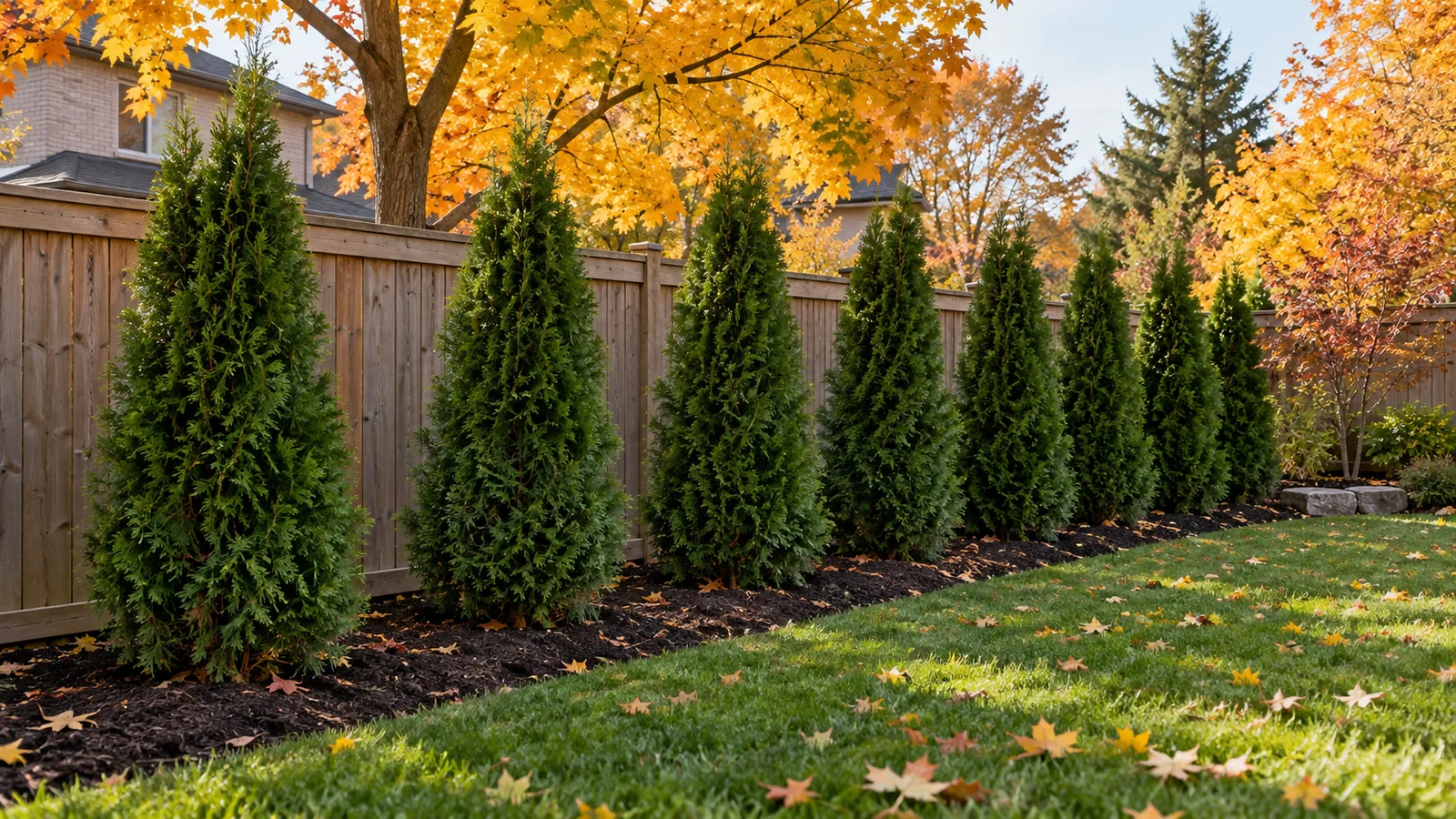 Illustrative row of newly planted Emerald Cedars beside a fence in a Toronto area yard with autumn maple leaves