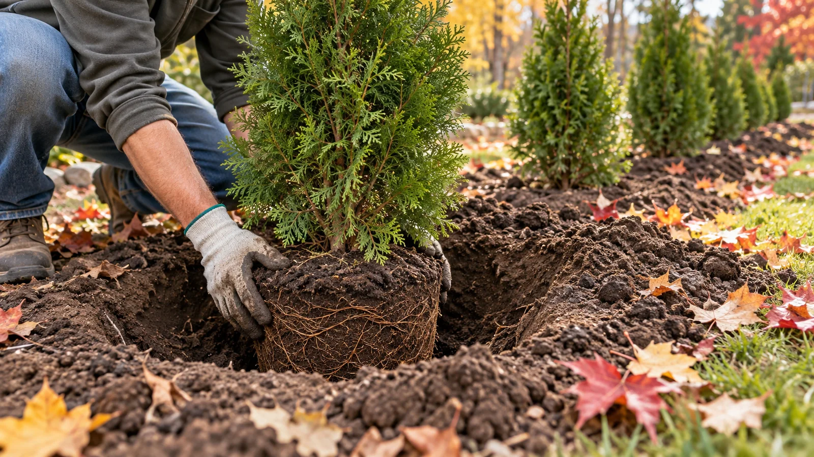 Illustrative gardener positioning an Emerald Cedar root ball in a wide planting hole in workable autumn soil