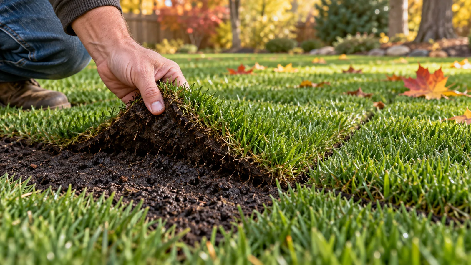 Illustrative hand lifting a corner of new sod to inspect moist soil beneath it