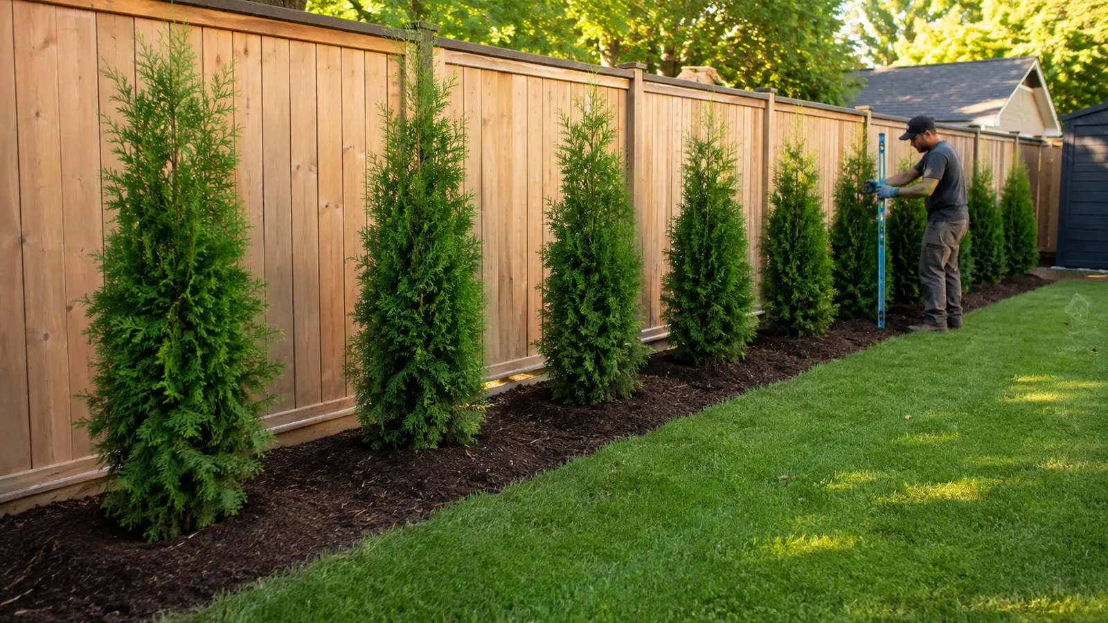 New Emerald Cedar privacy hedge planted with even spacing in a Toronto backyard