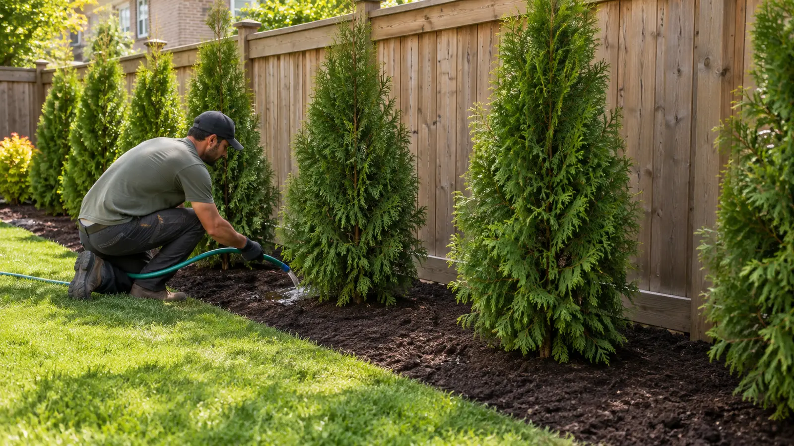Landscaper watering the root zone of newly planted Emerald Cedars in a Toronto backyard