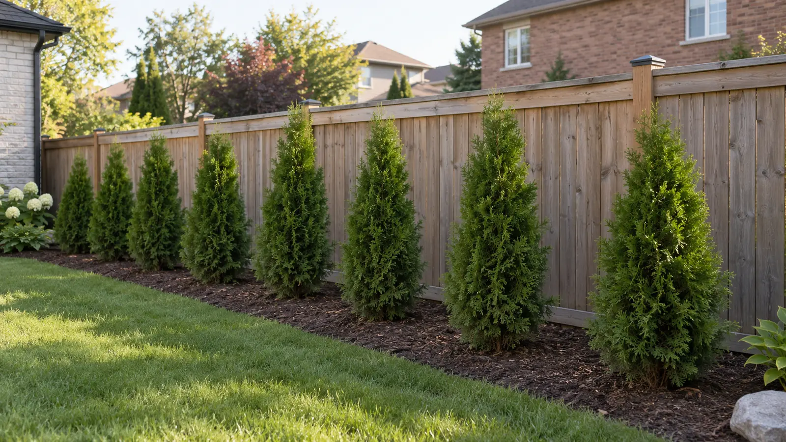 New row of four foot Emerald Cedars with visible privacy gaps in a Toronto backyard