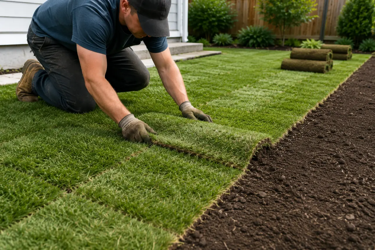 Landscaper fitting fresh sod rolls tightly together along a straight edge