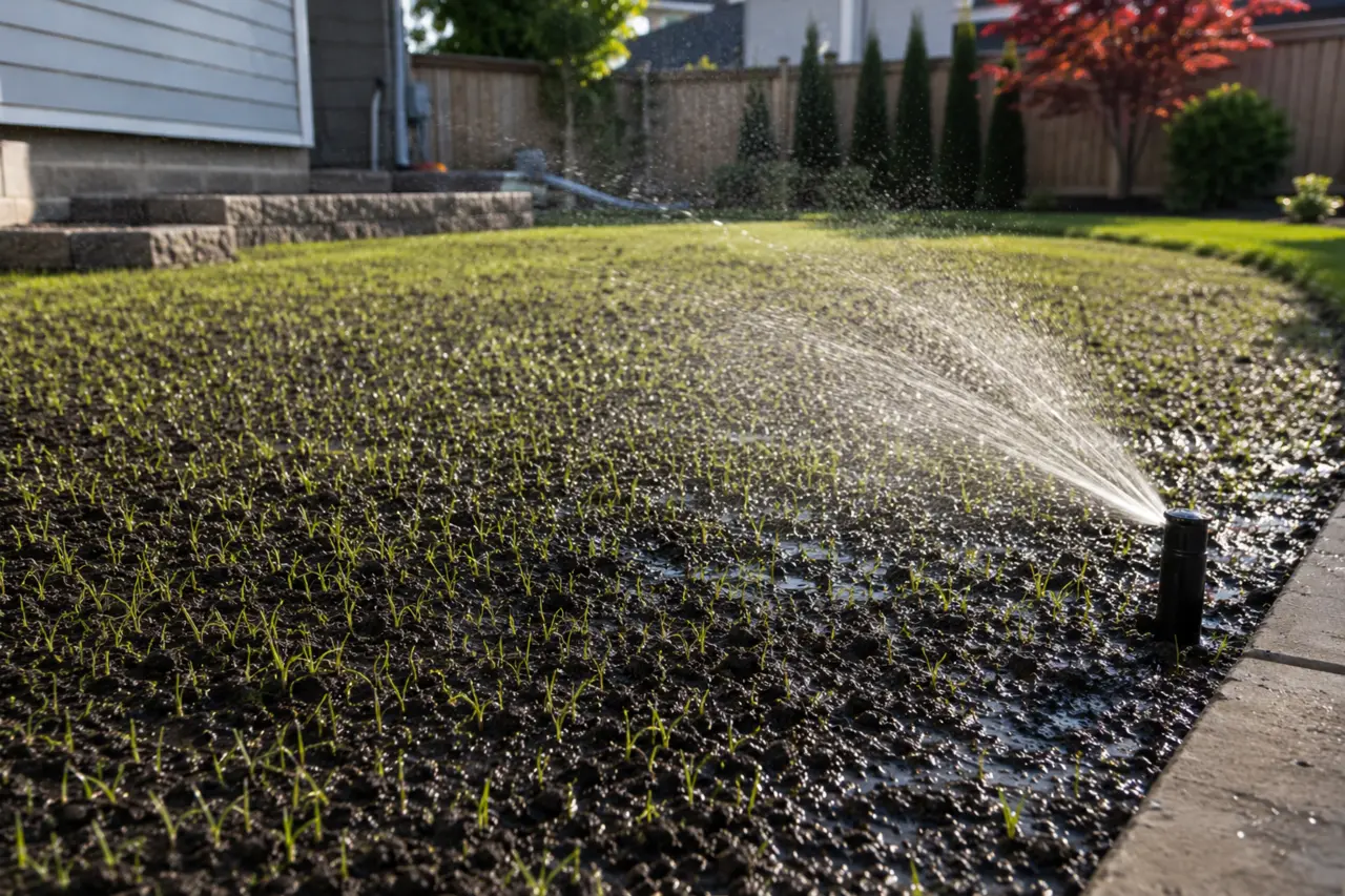Gentle sprinkler watering newly germinated grass seed without washing it away