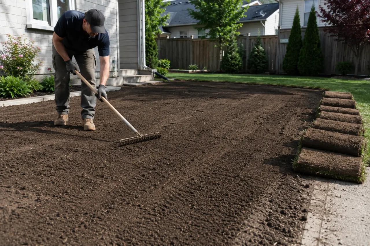 Landscaper grading and levelling topsoil before installing fresh sod