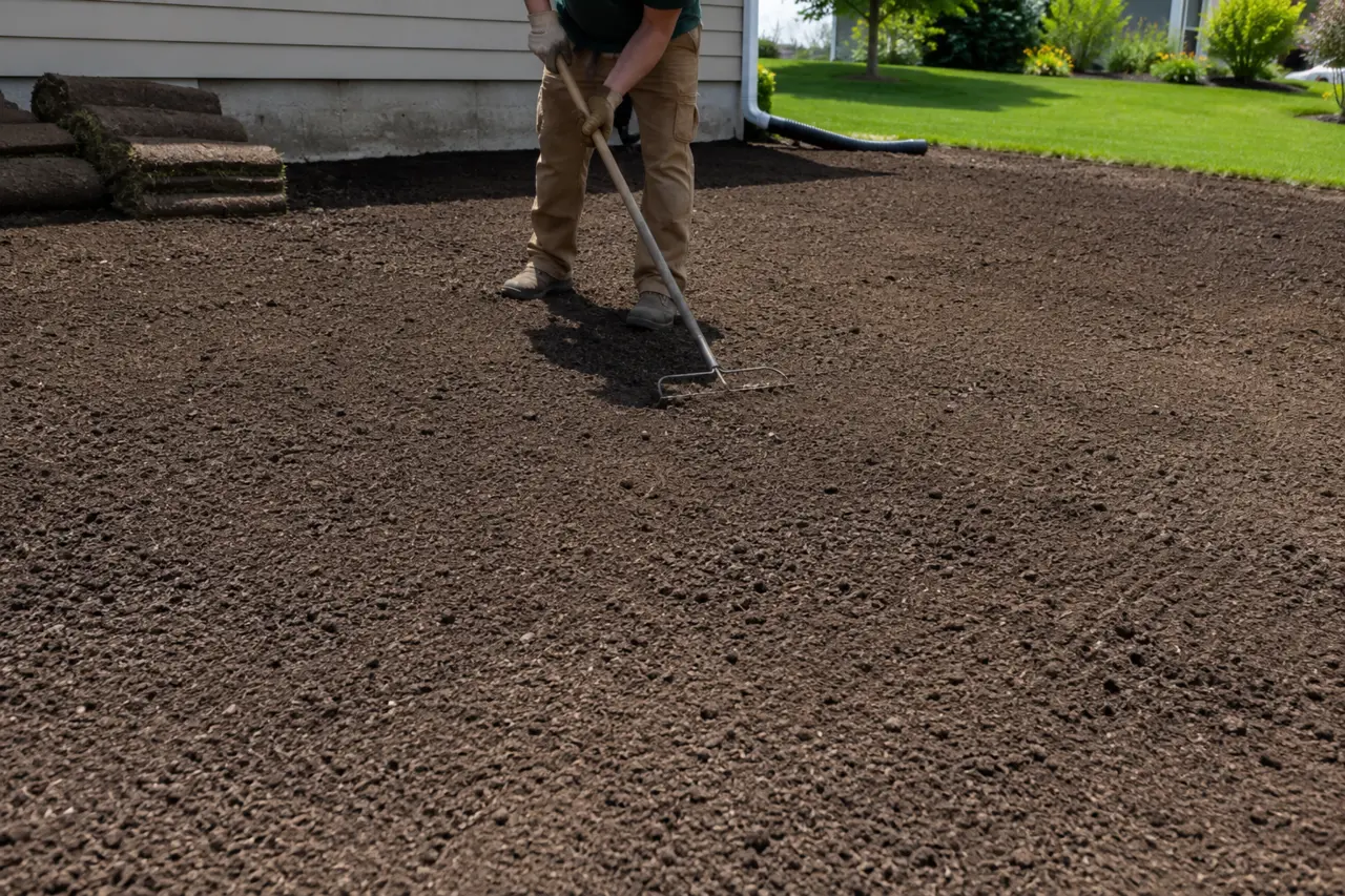 Landscaper preparing and raking soil before planting grass seed in an Ontario backyard