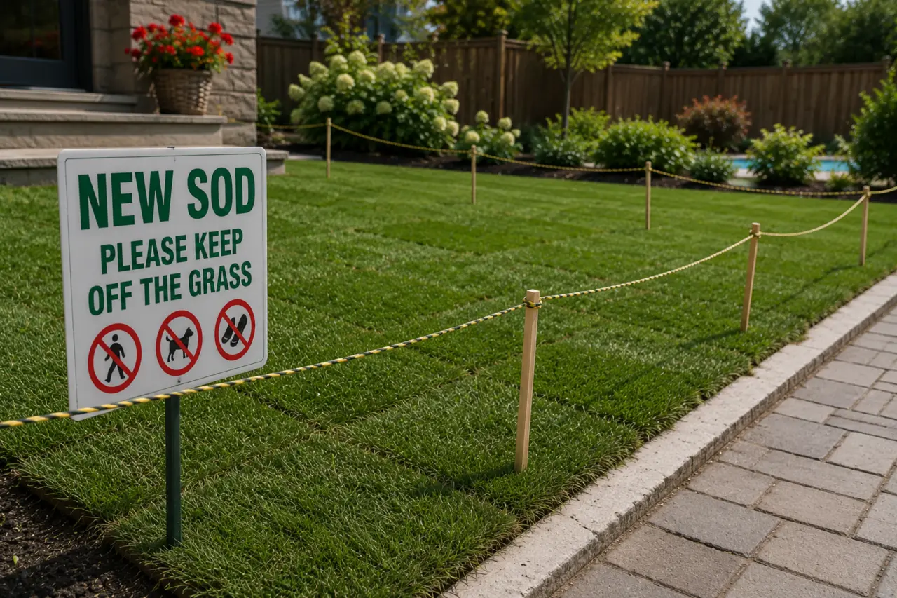 New sod lawn protected from people and pets while its roots establish