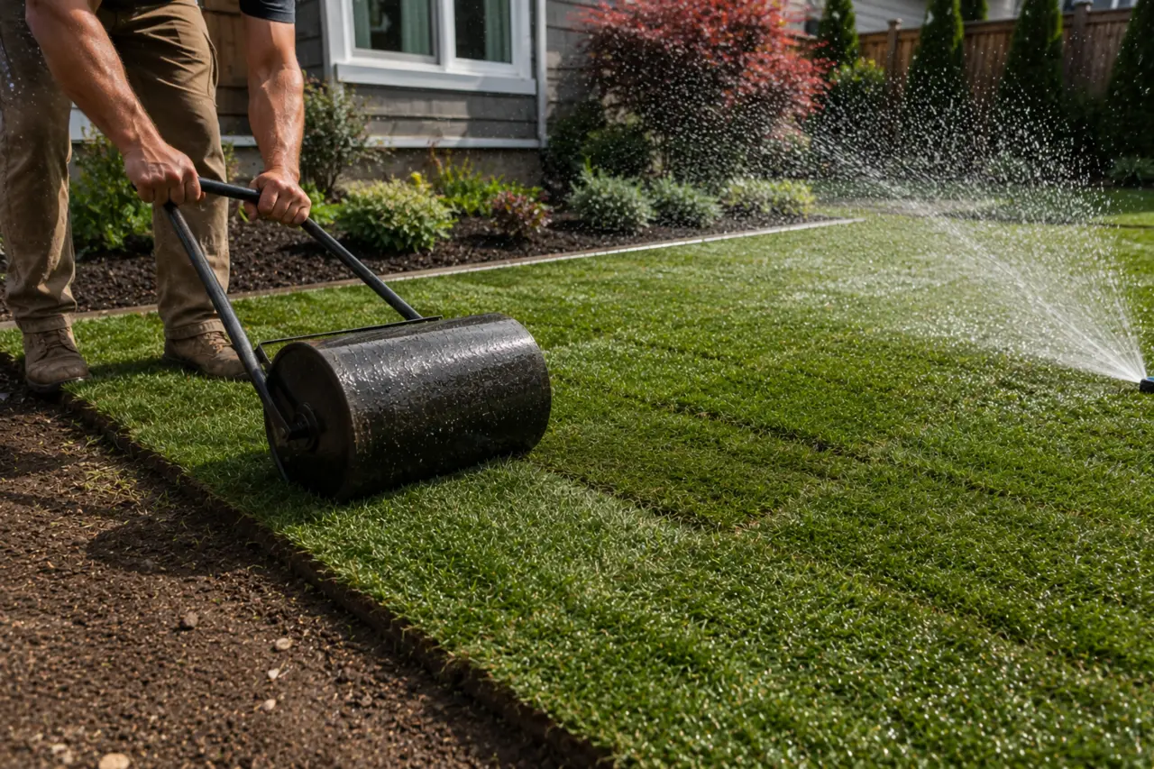 Fresh sod being rolled and watered immediately after installation
