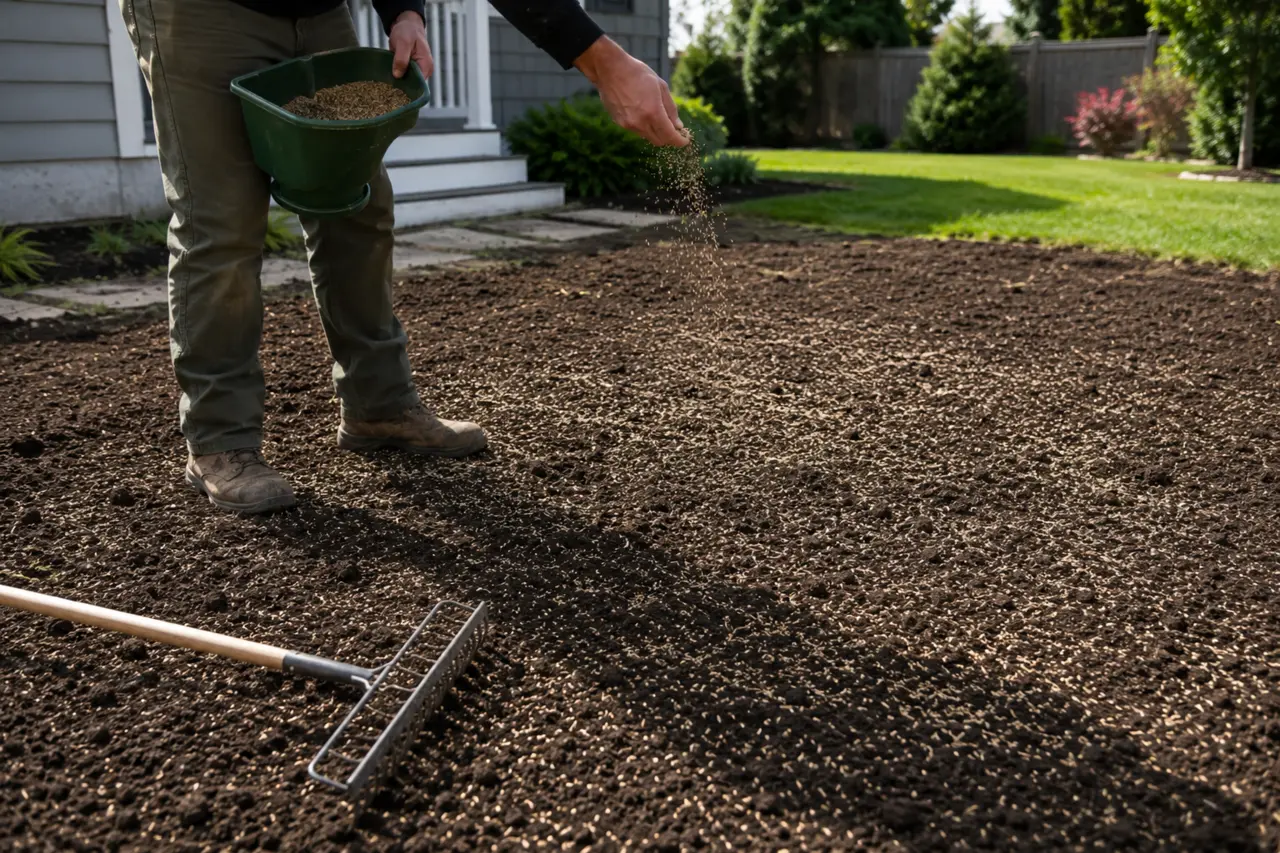 Grass seed being distributed evenly by hand across prepared topsoil