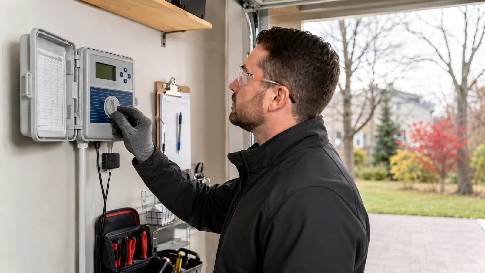 Technician selecting one irrigation zone on a residential sprinkler controller