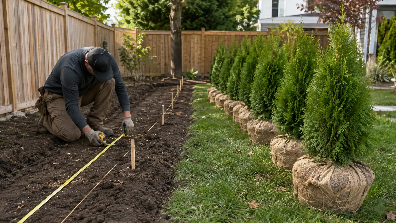 Landscaper marking equal Emerald Cedar positions along a guide string