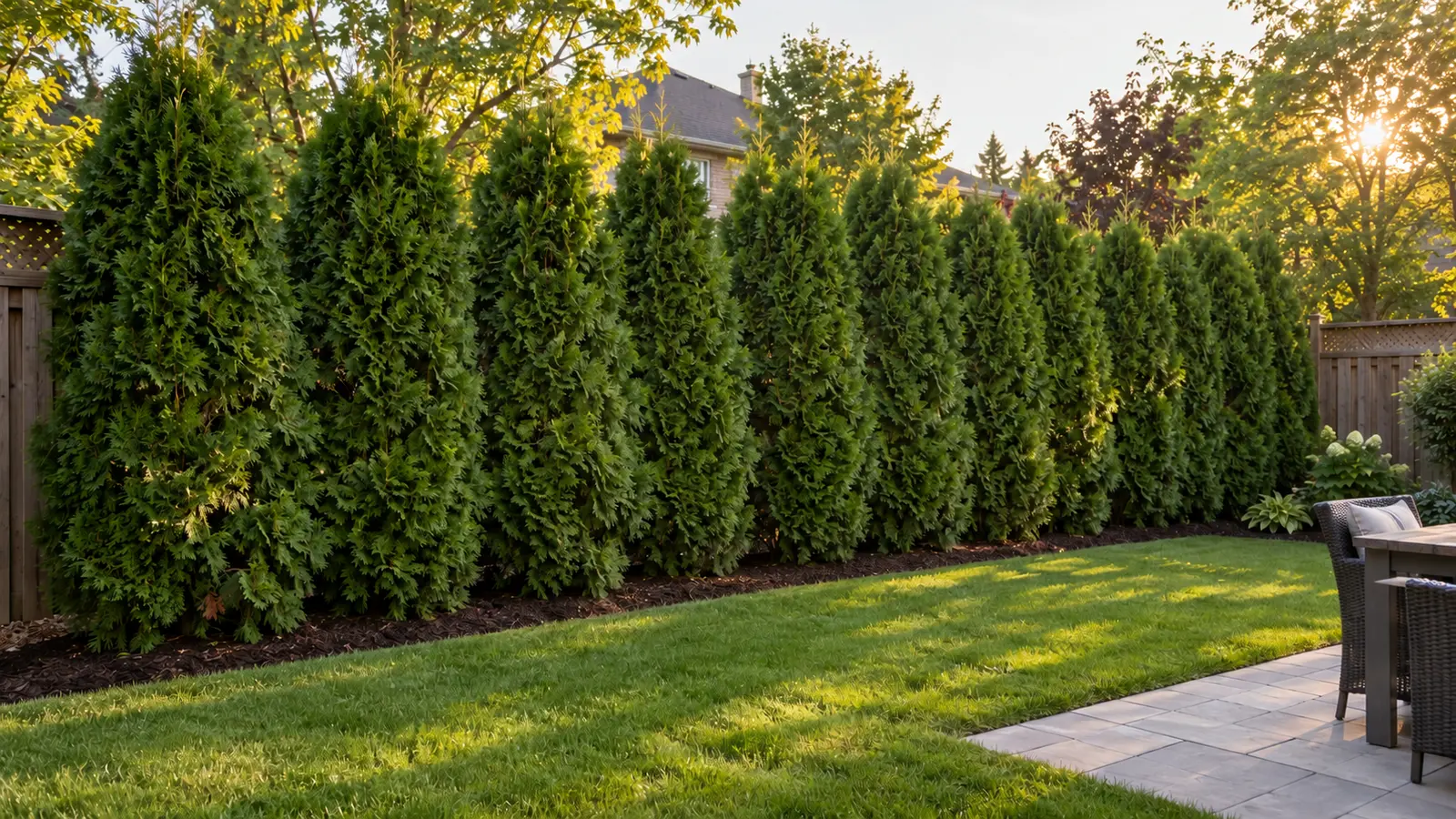 Dense established Emerald Cedar privacy hedge in an Ontario backyard