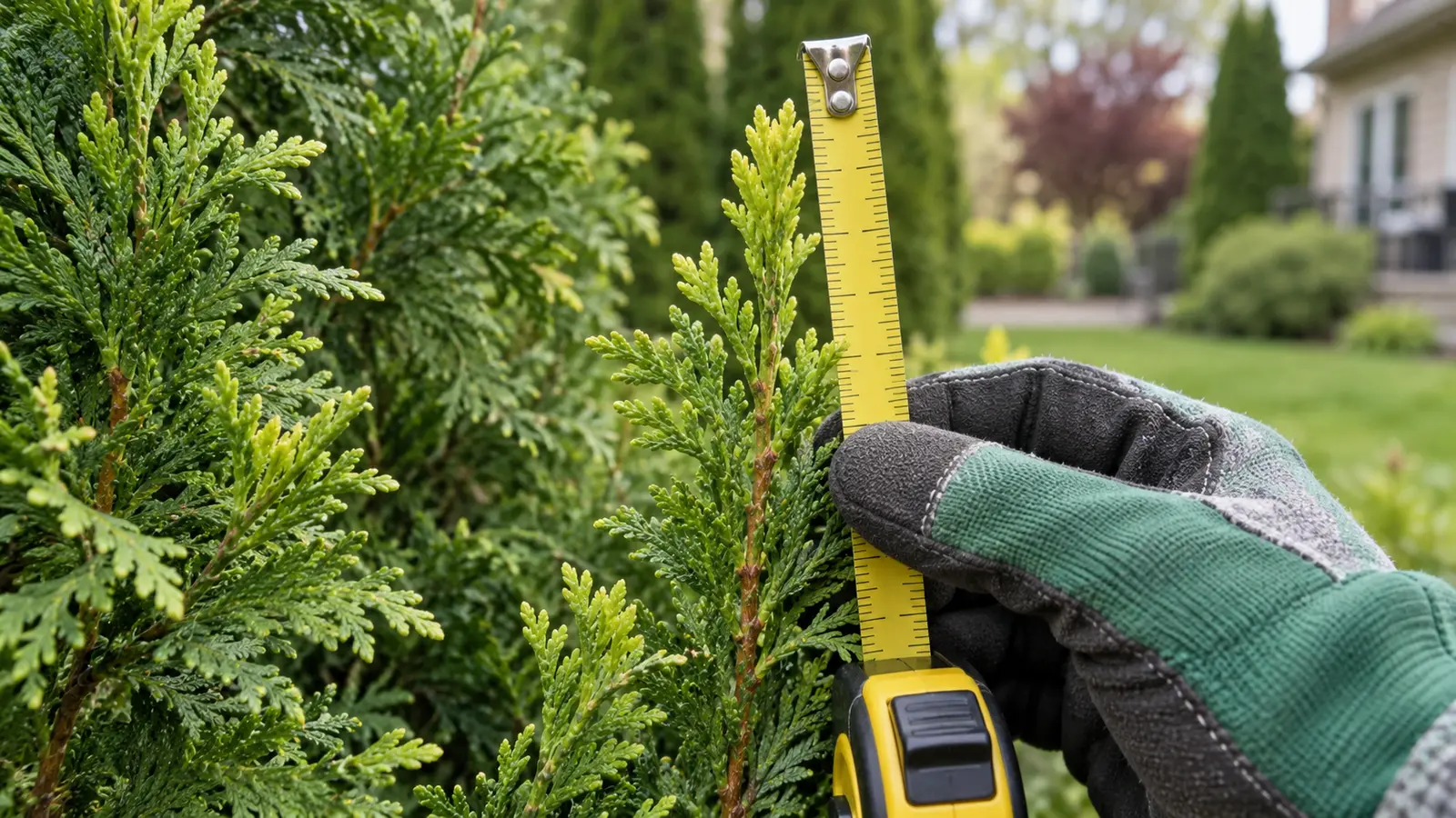 Gloved hand measuring fresh light green Emerald Cedar growth with a tape measure