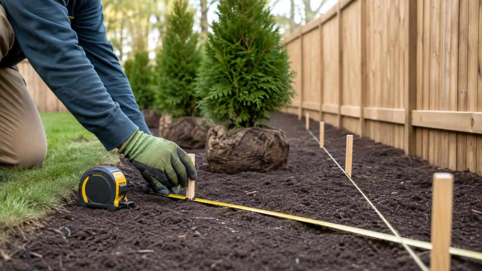 Gloved landscaper marking measured cedar trunk centres along a taut guide string