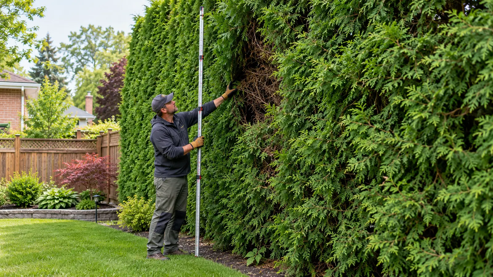 Professional measuring a tall overgrown cedar hedge and inspecting its brown interior before trimming