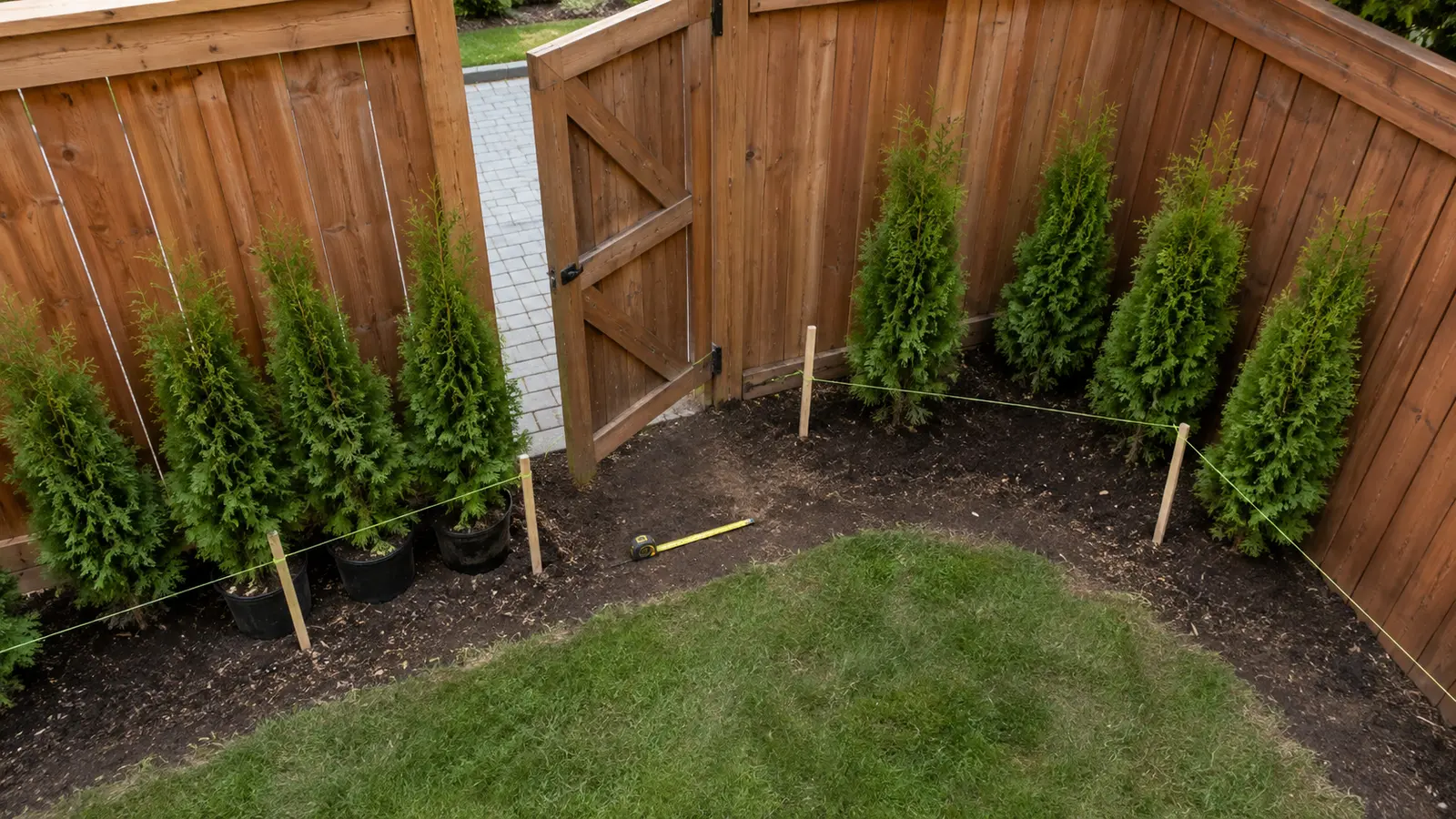 Cedar hedge layout planned around a backyard gate and corner with guide strings and stakes