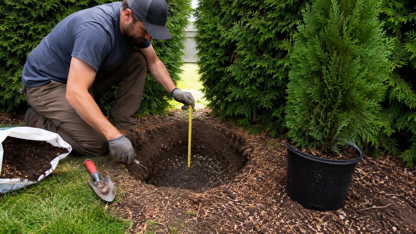 Landscaper measuring and preparing soil for a replacement cedar in an established hedge
