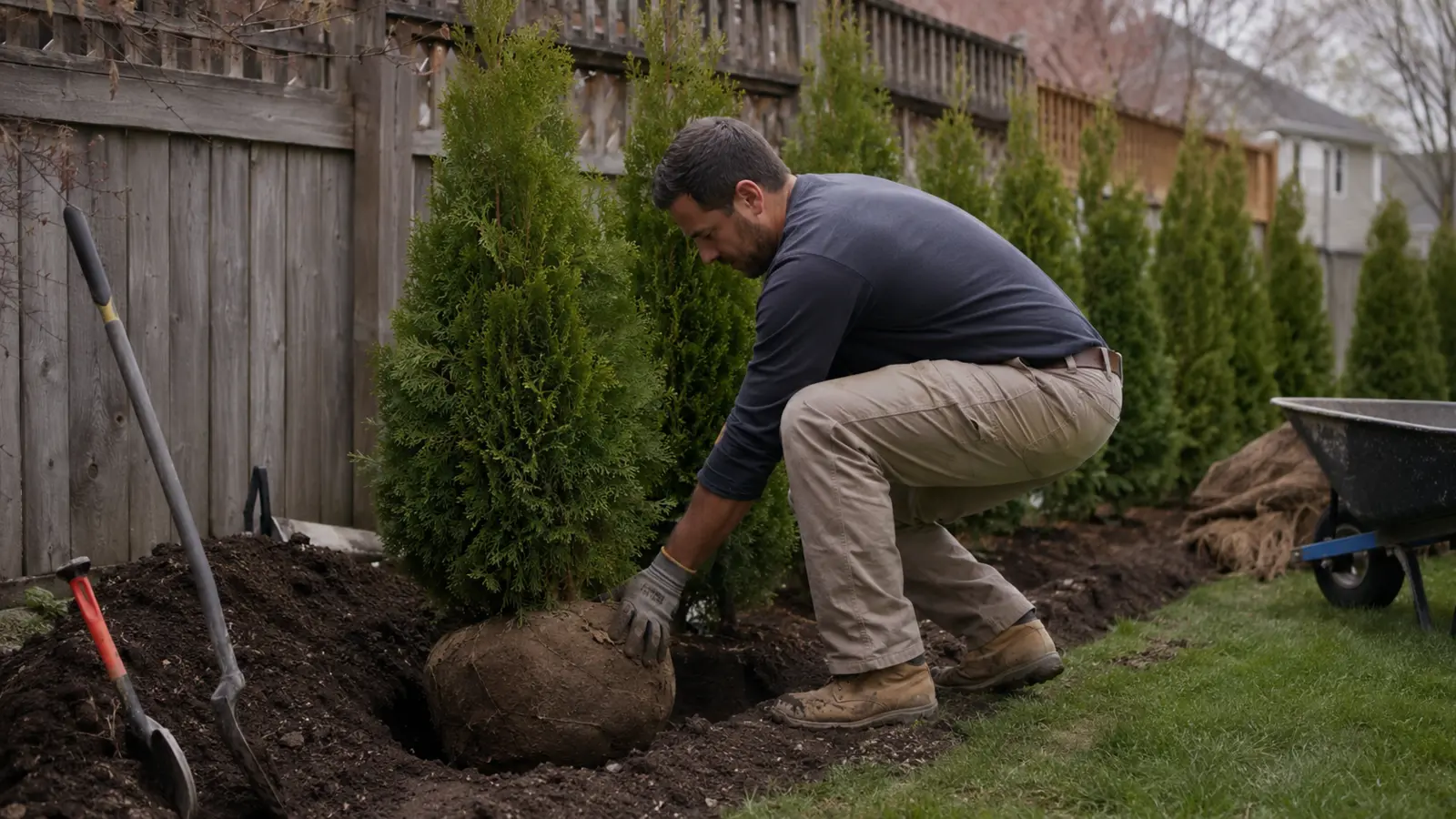 Landscaper professionally installing Emerald Cedar trees in Toronto
