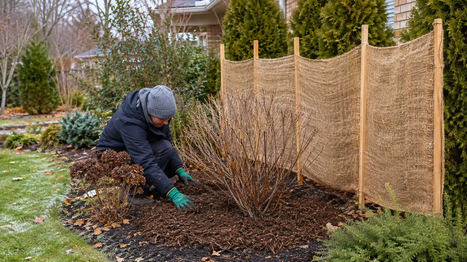 Gardener applying mulch and installing a burlap wind screen for newly planted shrubs before an Ontario winter