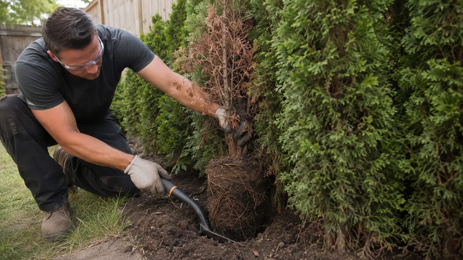 Landscaper carefully removing a dead cedar root ball between healthy hedge trees