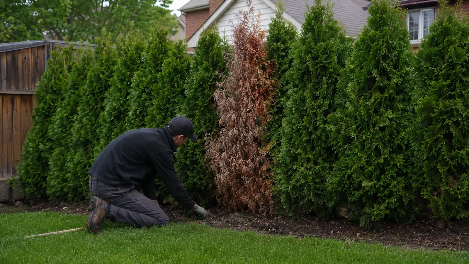 Landscaper inspecting one dead brown cedar inside a healthy Ontario privacy hedge
