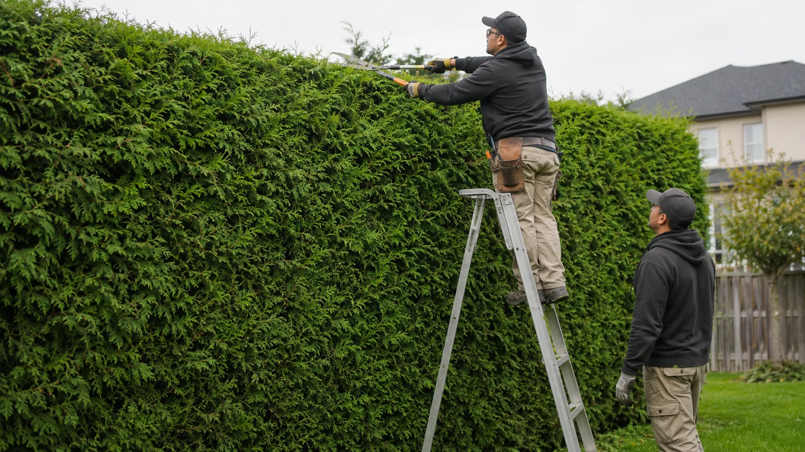Professional safely shaping the top of a tall cedar privacy hedge