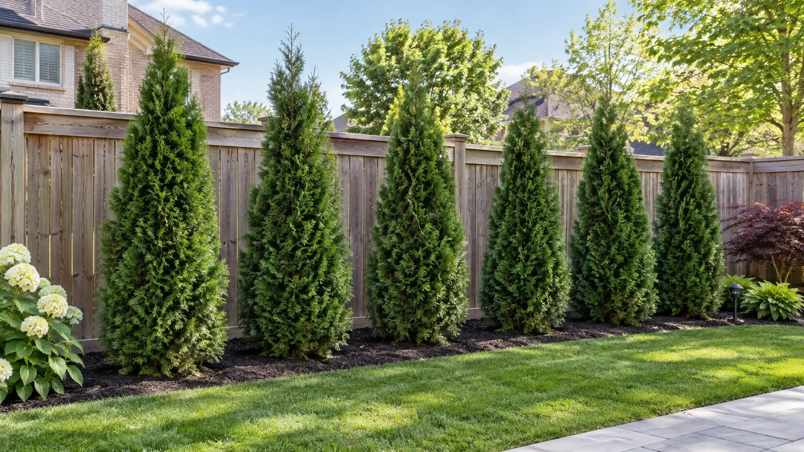 Six foot Emerald Cedar privacy hedge providing balanced screening in an Ontario yard